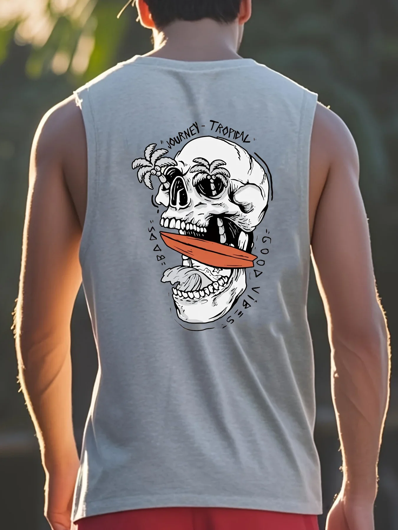 Men's summer casual sports loose fit skull letter pattern print comfortable and breathable round neck sleeveless vest