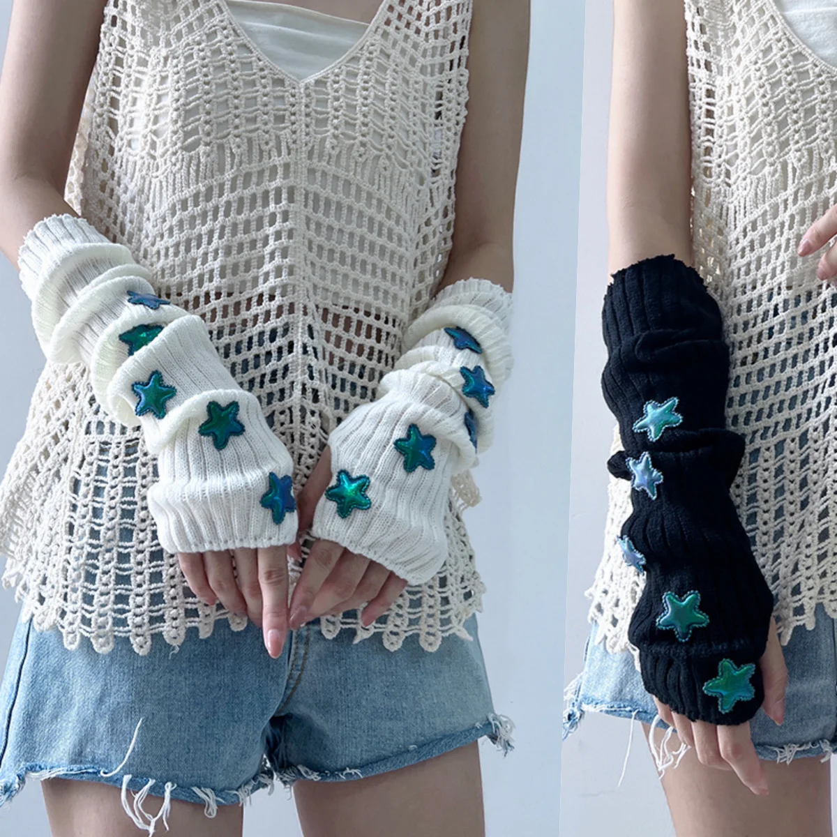 

Нарукавники в стиле Y2K с переливающимися звездами, вязаные нарукавники без пальцев в стиле Spicy Girl, универсальные эластичные рукава для рук, стройнящие фигуру, праздничный подарок