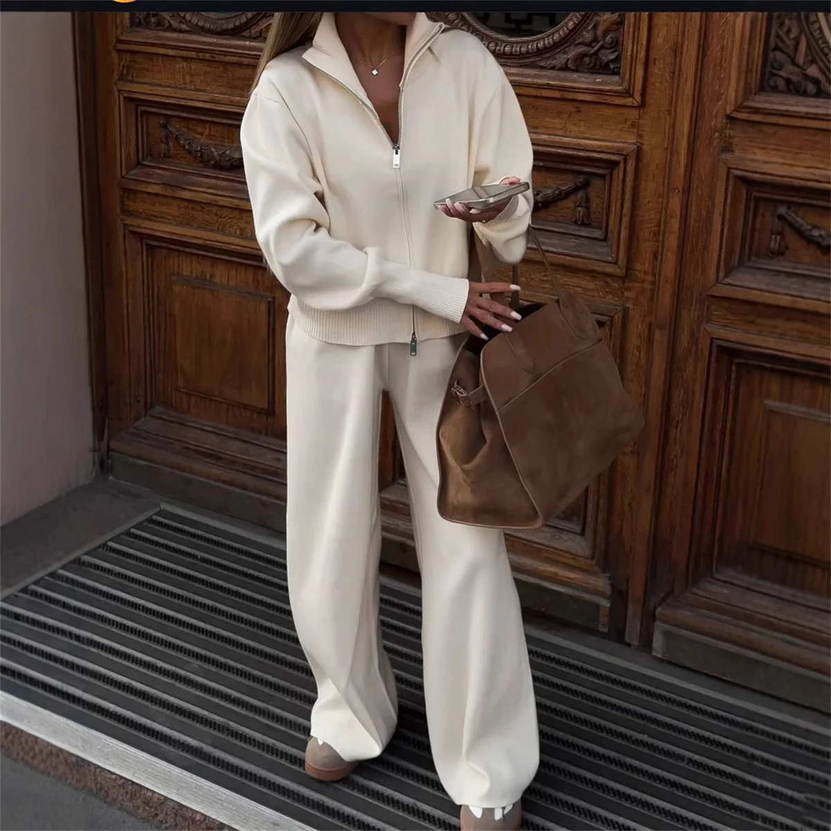 Casual Knitted Cardigan Pants Sets Women Fashion Zipper Stand Collar Coat Wide Leg Trousers Office Lady Suit Elegant Casual 2PCS