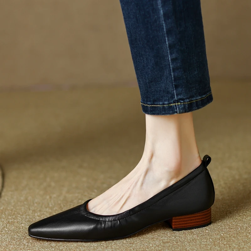 Women's New Spring and Autumn Square Head Genuine Leather Cowhide Comfortable Low Heel Elastic Large Oxford Single Shoes