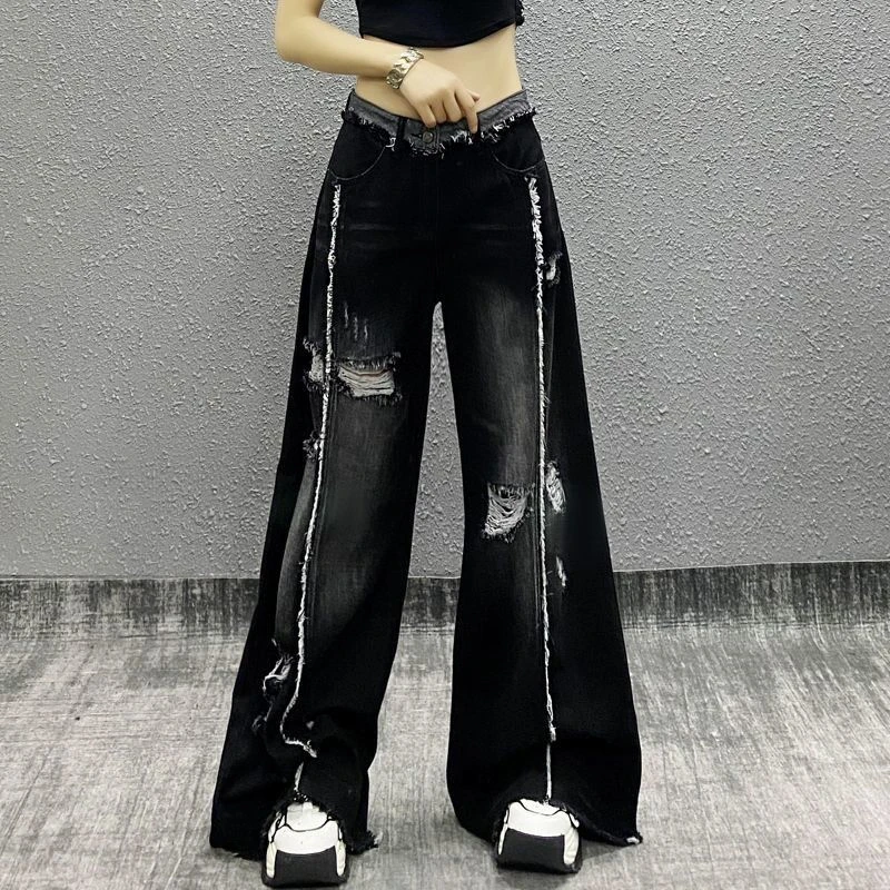 

Women's Splicing Burrs Holes Black Jeans Cool Girl Fashion Vintage Wide Legs Pants Female High Waist Straight Denim Trousers