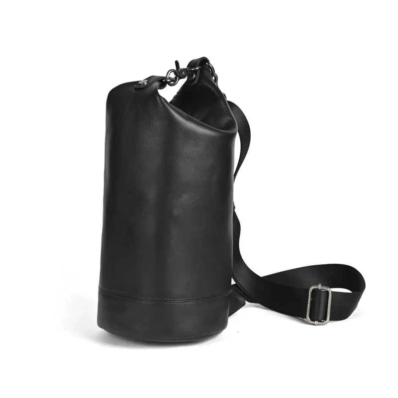 LD-Men's Top Layer Cowhide Single Shoulder Cowhide Retro Crossbody Bag Casual Versatile Leather Cylindrical Bag