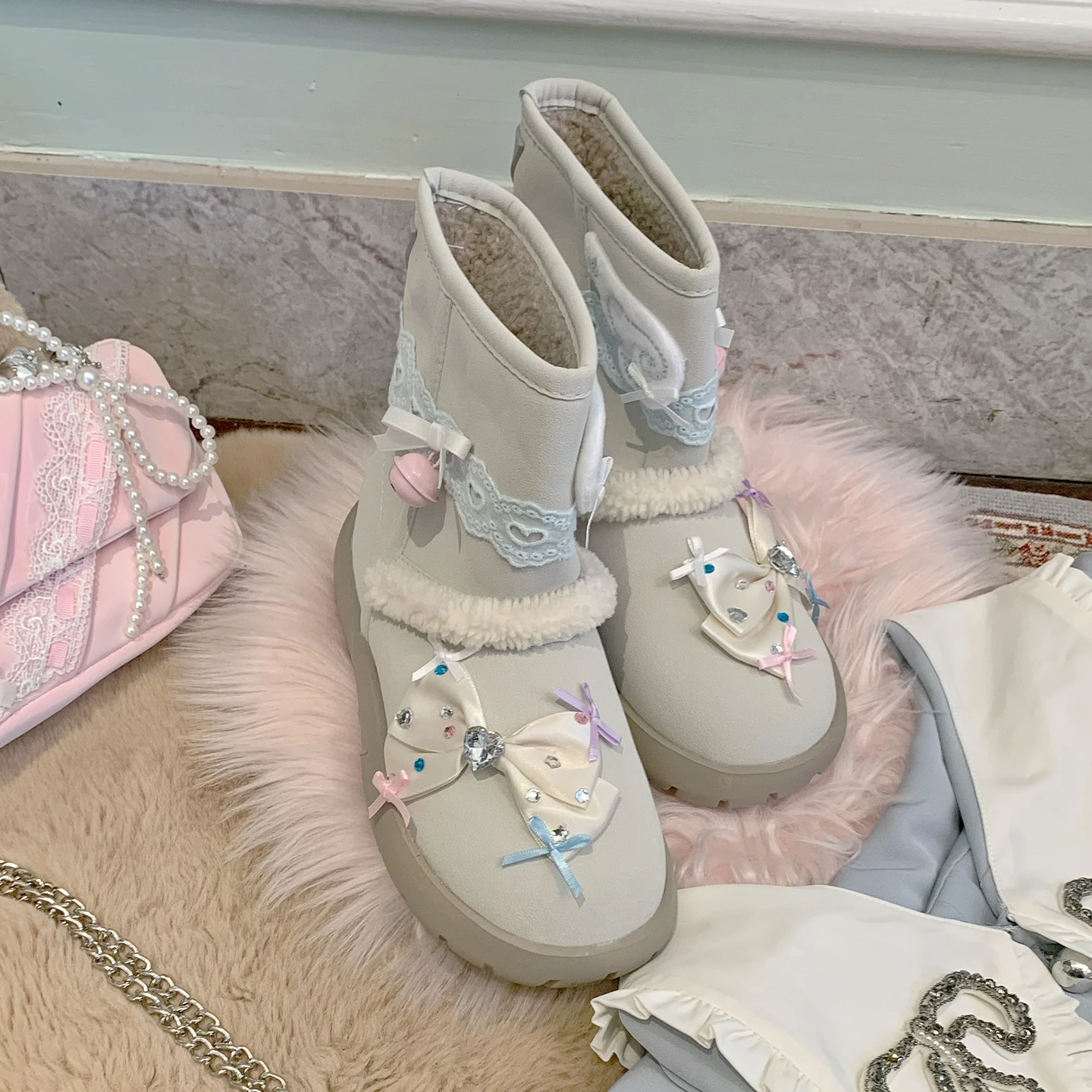 Pinkyo Original Cute Little Bell Short Boots Lolita Girls' College Height Increasing Blue Gray Bow Thick Snow Boots For Women