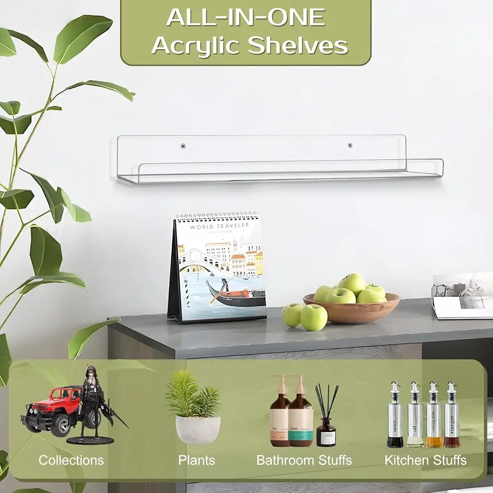 Acrylic Clear Shelves - 4 Pack, 15 Hes Wall Storage Organizer Floating Shelf For Bathroom, Bedroom, Kitchen Variety Room, High