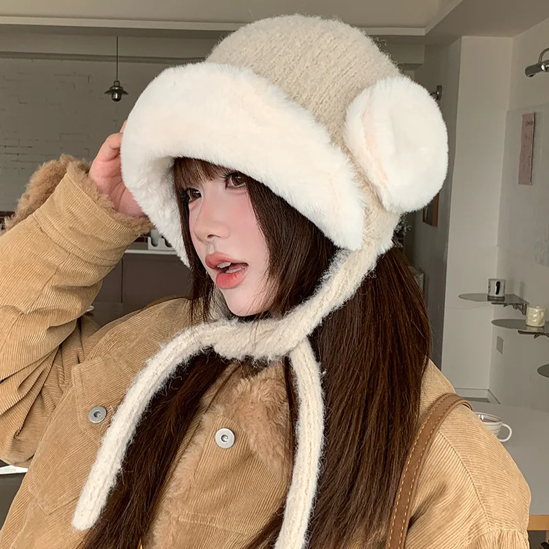 Faux Plush Thickened Trapper Hat For Women Tie String Earflap Winter Windproof Warm Large Head Circumference Knit Head Wrap