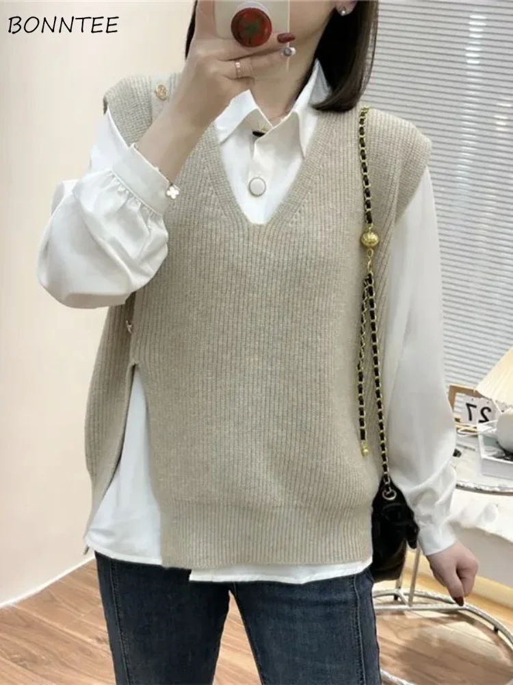 

Sweater Vests Women Autumn Fashion Knitting Side Slit Leisure Loose Design Sleeveless Students Elegant Simple Solid Sweet Cozy
