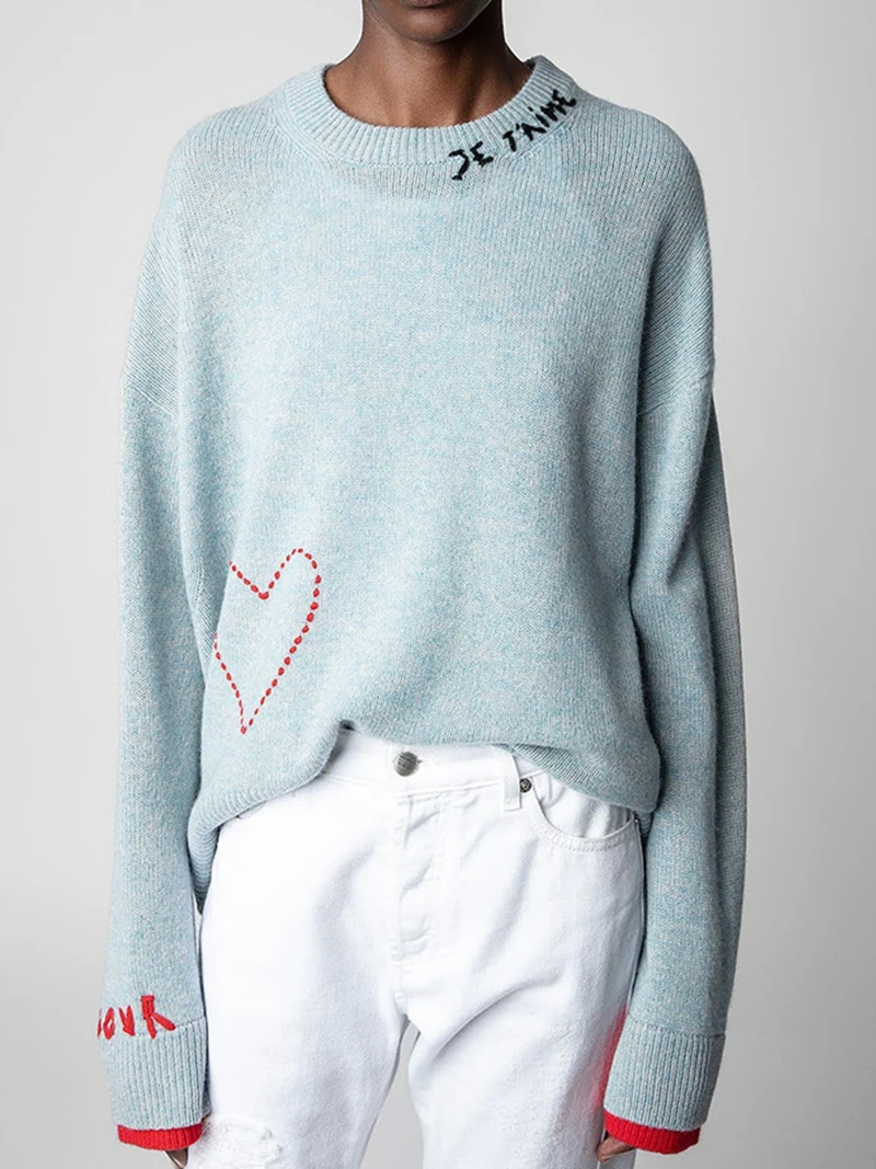 

Кашемировый свитер, женский повседневный теплый светло-голубой вязаный свитер с круглым вырезом и длинными рукавами с вышивкой букв