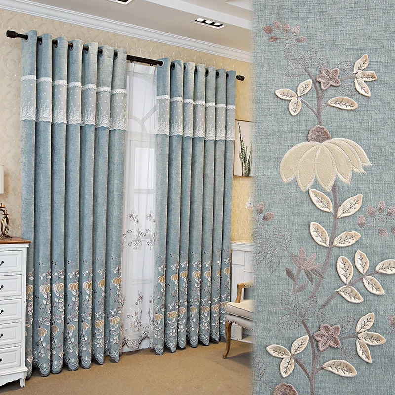 

Modern European Curtains for Living Room Bedroom Dining Luxury Blackout Haze Blue Macrame Embroidered Curtains Shading Drape