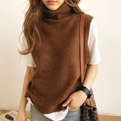 Women\'s Knitted  Cashmere Wool Turtleneck Vest Side Slit Winter Female Wool Sweater Sleeveless Waistcoat New Vogue