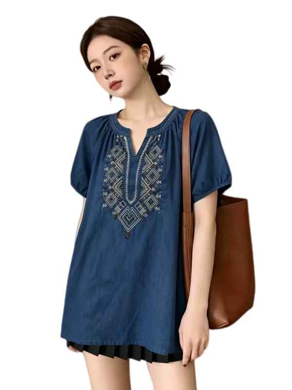 Retro Embroidered V-Neck Short Sleeve Denim Shirt Women Summer plus Size Slimming Design Anti-Aging Base Top Korean Style