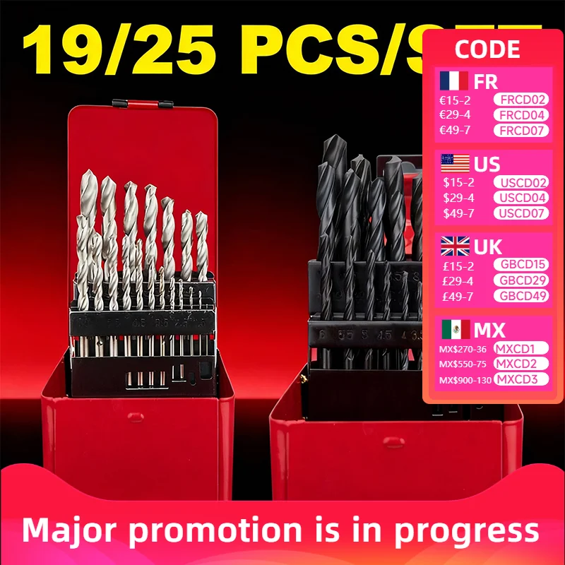 

19PCS HSS Twist Drill Bit Set/25PCS HCS Twist Drill Bit Set For Iron Copper Aluminum Wood Plastic Metal Hole 1-10mm/1-13mm