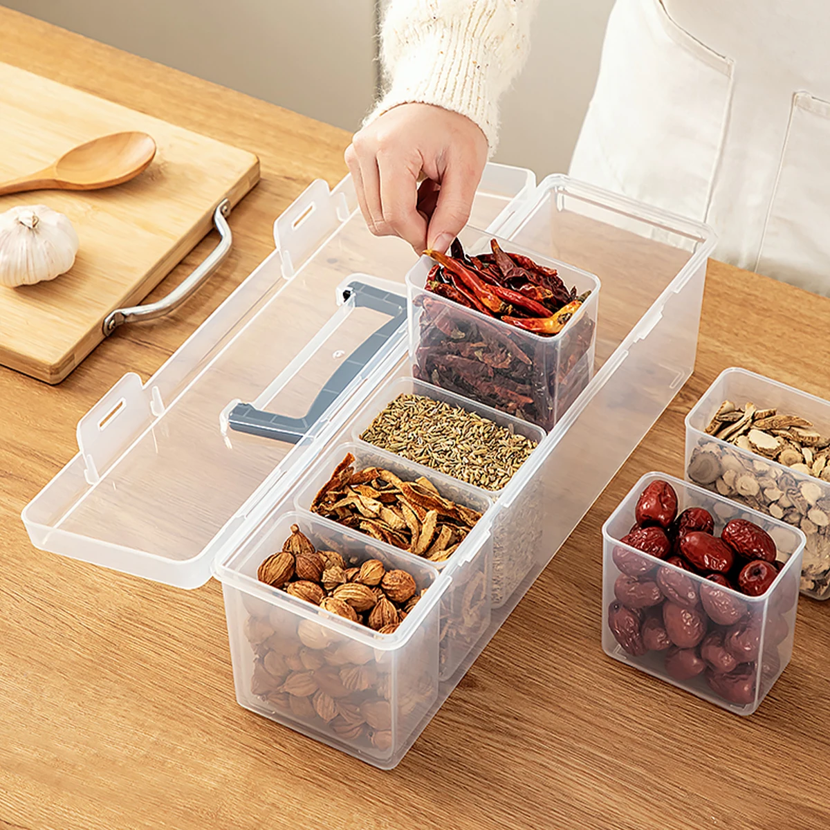 WORTHBUY 6 Grids Sealed Plastic Storage Box With Handle Portable Large Capacity Spice Storage Container Clear Kitchen Organizer