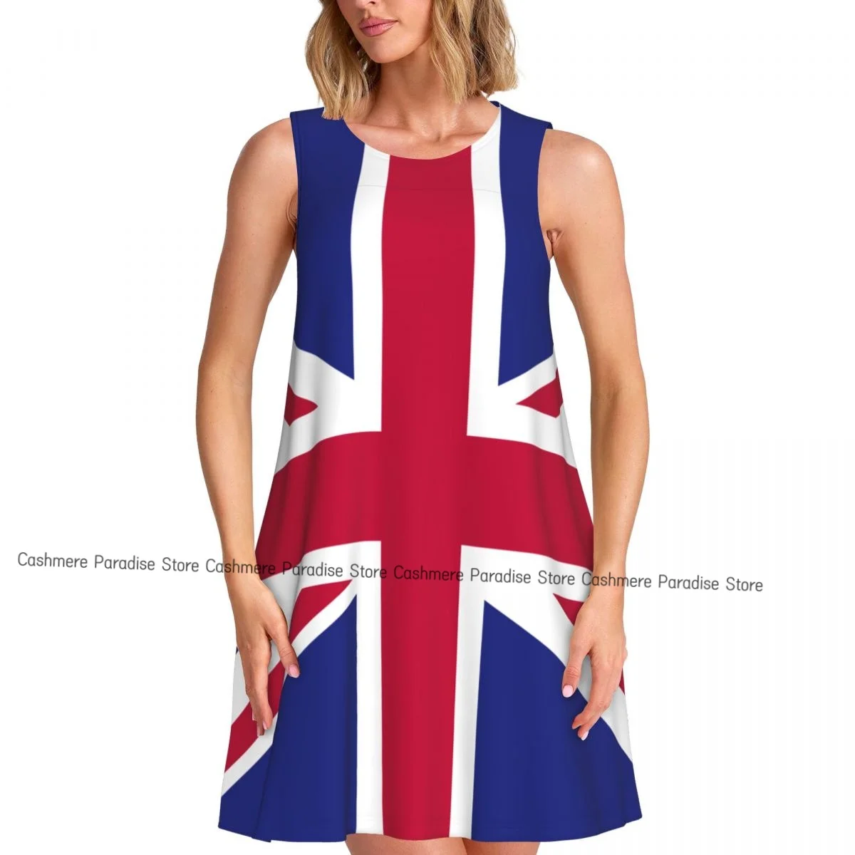 Vestido feminino casual na altura do joelho com bandeira britânica, gola redonda, sem mangas acima do vestido