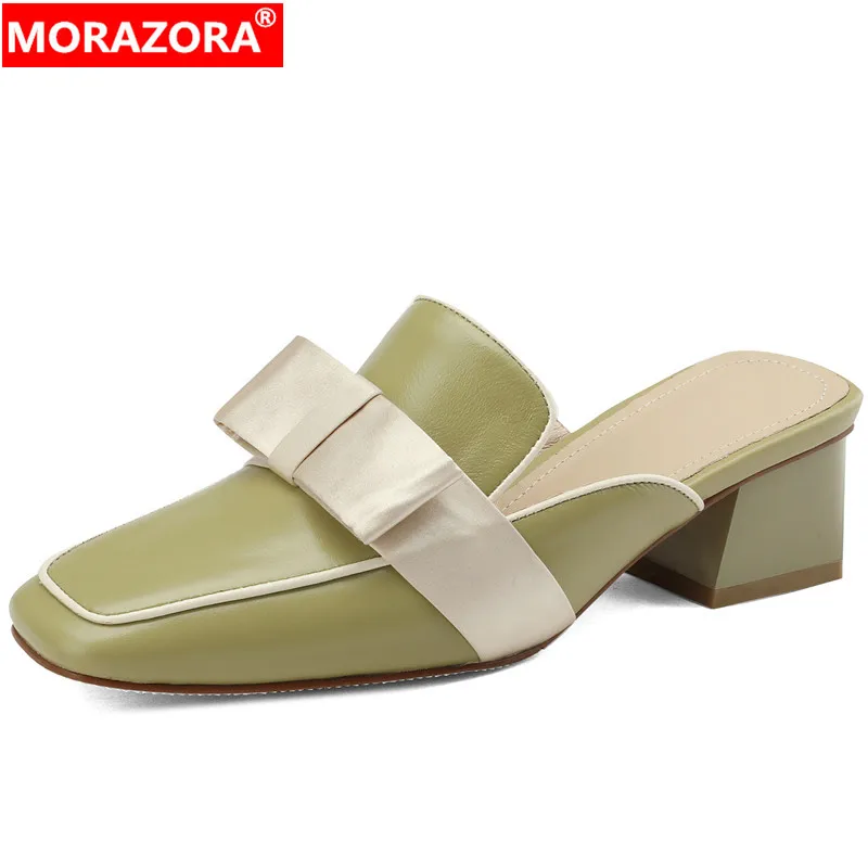 

MORAZORA 2024 New Size 33-40 Mixed Colors Genuine Leather Slippers Ladies Mules Summer Shoes Concise Square Med Heels Slippers