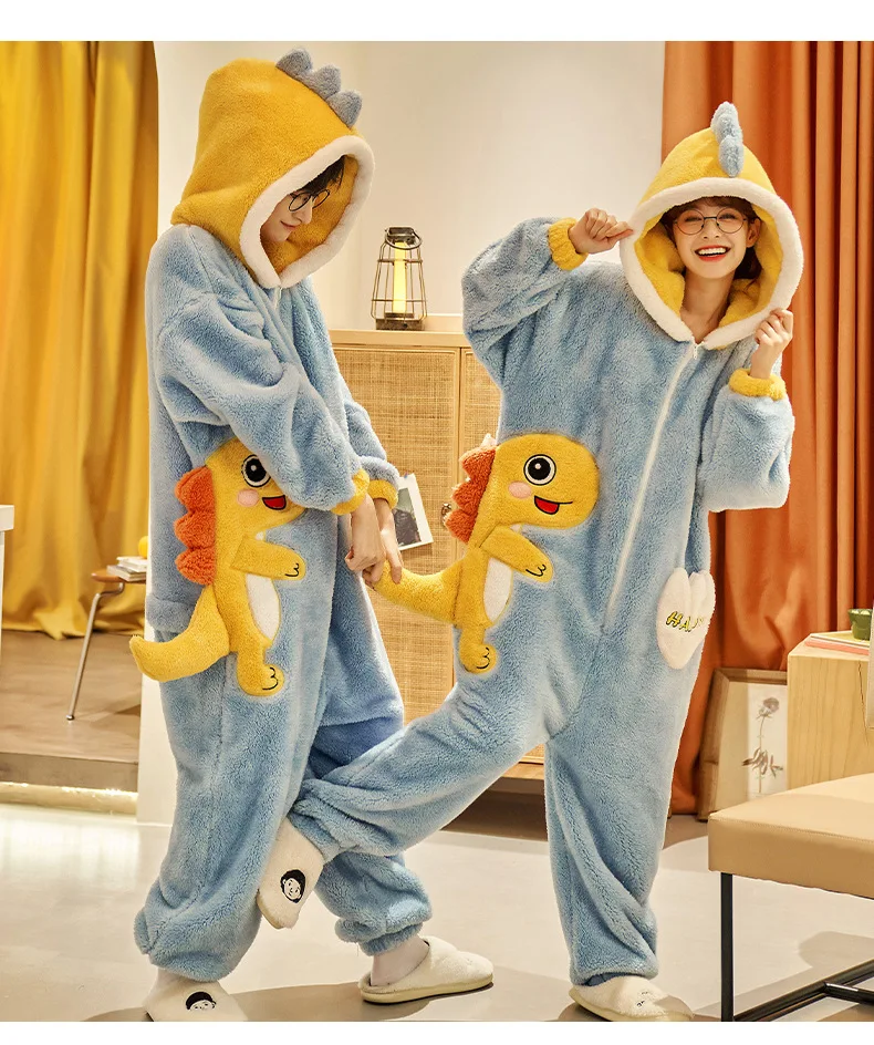 Dinosaur Adults Anime Onesies Winter Women Pajamas Coral Fleece Jumpsuit Men Couple Pijama Extra Thicken Cute Sleepwear Pyjamas