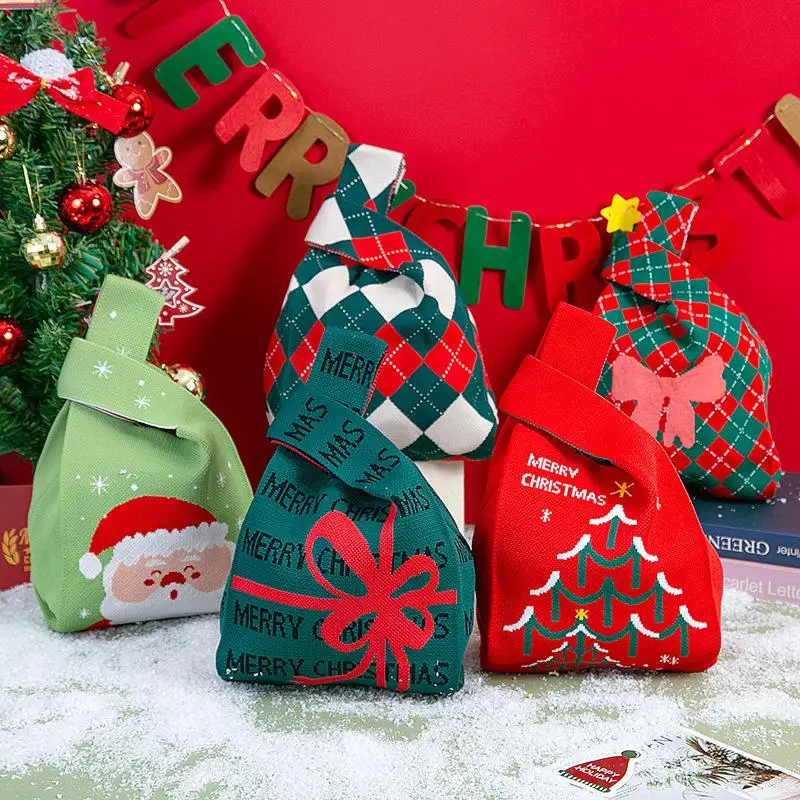 مهرجان عيد الميلاد محبوك شنطة هدايا يده كيس الحلوى المرأة عقدة صغيرة حقيبة الرسغ لطيف محبوك حمل حقيبة أكياس التسوق القابلة لإعادة الاستخدام #4