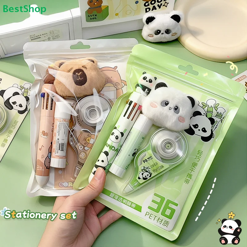 ✍Cute Panda & Capybara Plush Stationery Set – Portable School Supplies Kit with Correction Tape & Pens