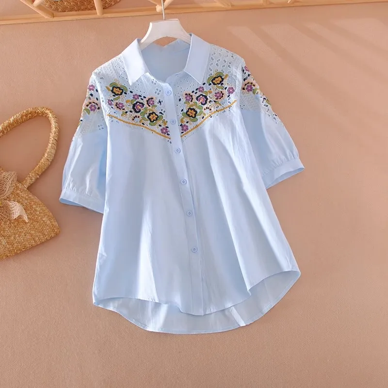 

Summer Women's Shirt Embroidered Flower Hollow out Loose Cotton Short Sleeve Collar Versatile Artistic Design Top