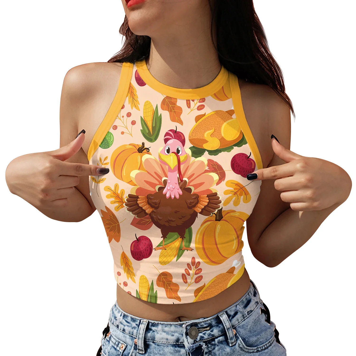 Zawaland-ropa de Acción de Gracias para mujer, chaleco Sexy con estampado de pavo de dibujos animados, Top corto informal sin mangas para vacaciones, camisetas sin mangas para Fitness