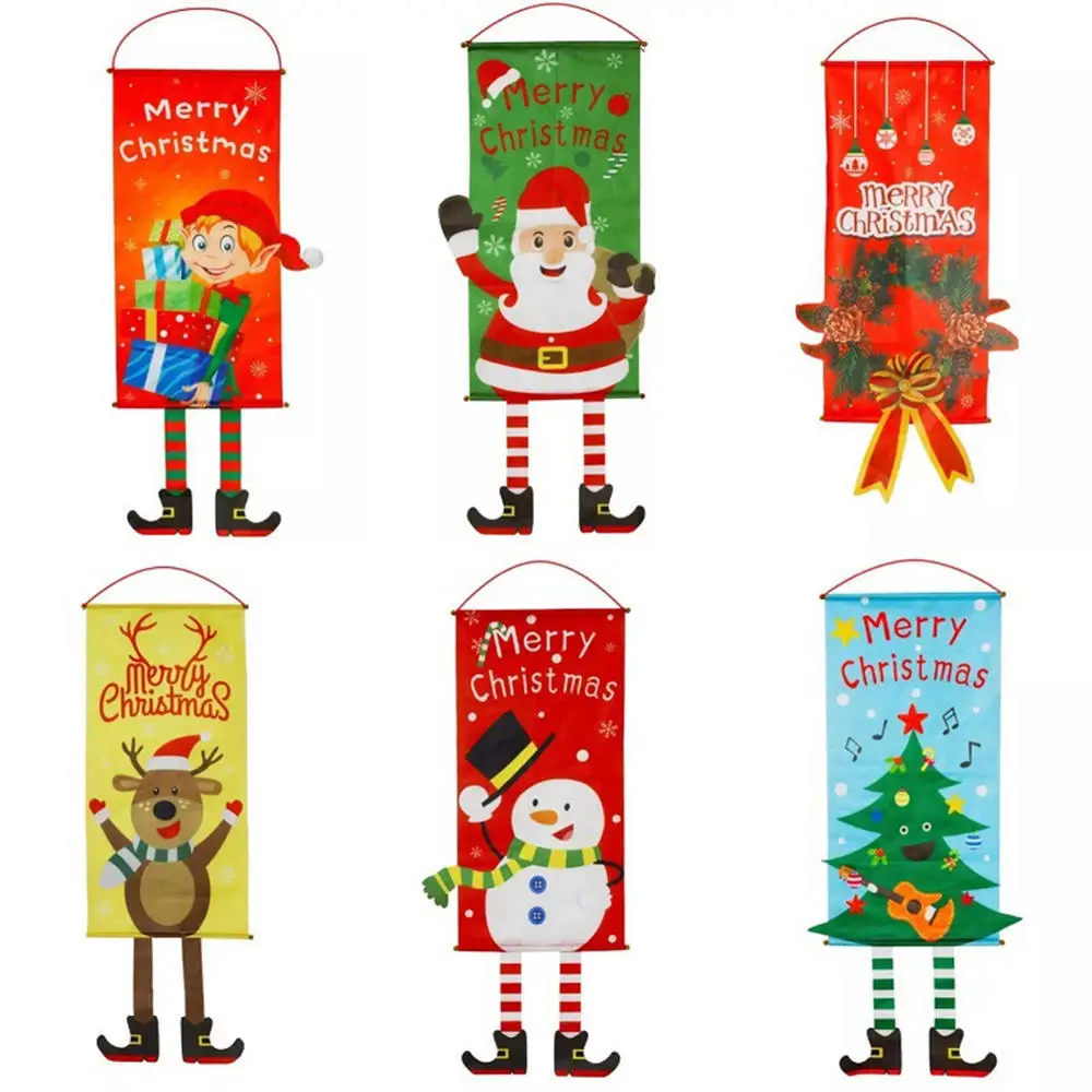 Christmas Hanging Cloth Ornaments Cartoon Background Fabric Navidad Decor Poster Santa Claus Elf Hanging Picture Xmas Gifts