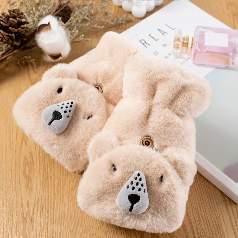 Women Winter Plush Cat Mittens Fingerless Gloves Plush Warm Glove Winter Soft Thick Gloves for Women Girl Flexible Half Finger