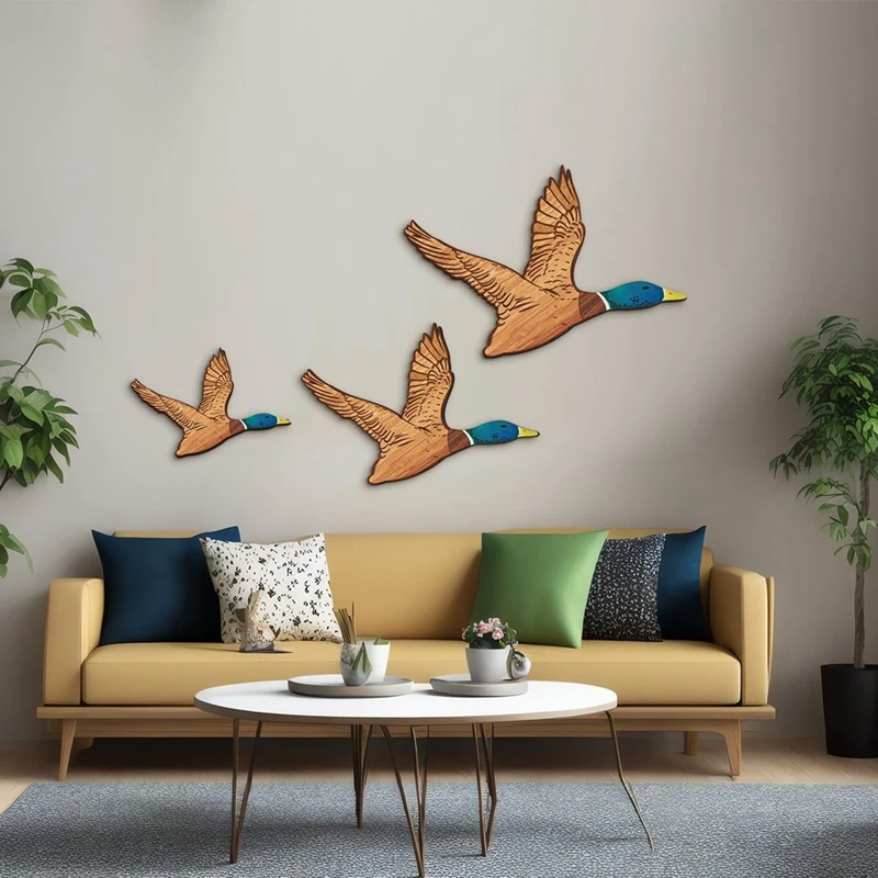 Decoración de pared de patos de madera, pájaros voladores rústicos, arte de pared de madera tallado para el hogar