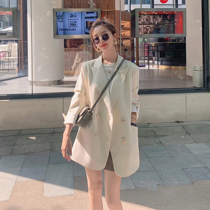 

Small Suit Woman Contrast Color Flanging Cuffs Double Breasted Chic Fashion Suits Female 2022 Spring Fall New Loose Leisure Coat