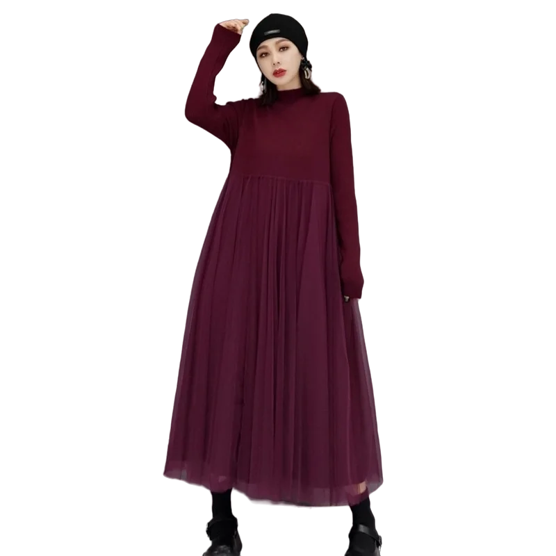 Women Long Sleeves Crew Neck Dress Loose Mid-length Solid Color Sweater Splicing Mesh Inside Dress 2024 Spring Autumn LHX1325