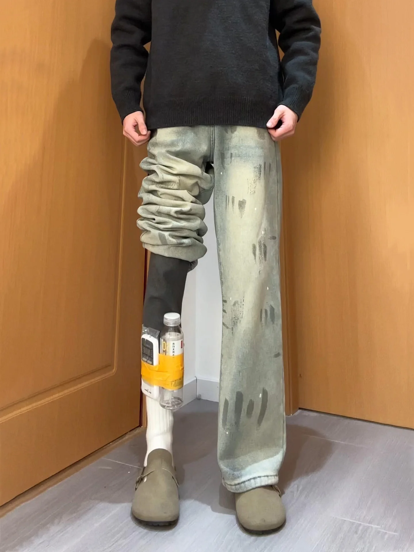 

Мужские джинсы с широкими штанинами на флисовой подкладке, окрашенные в стиле ретро, прямые повседневные брюки, свободный крой, весенняя коллекция