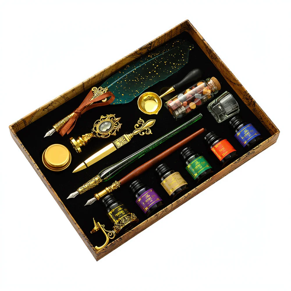 Elegant Vintage Feather Pen Set Antique Calligraphy Dip Ink Stationery Gift Box Creative Art Writing Tool Supplies