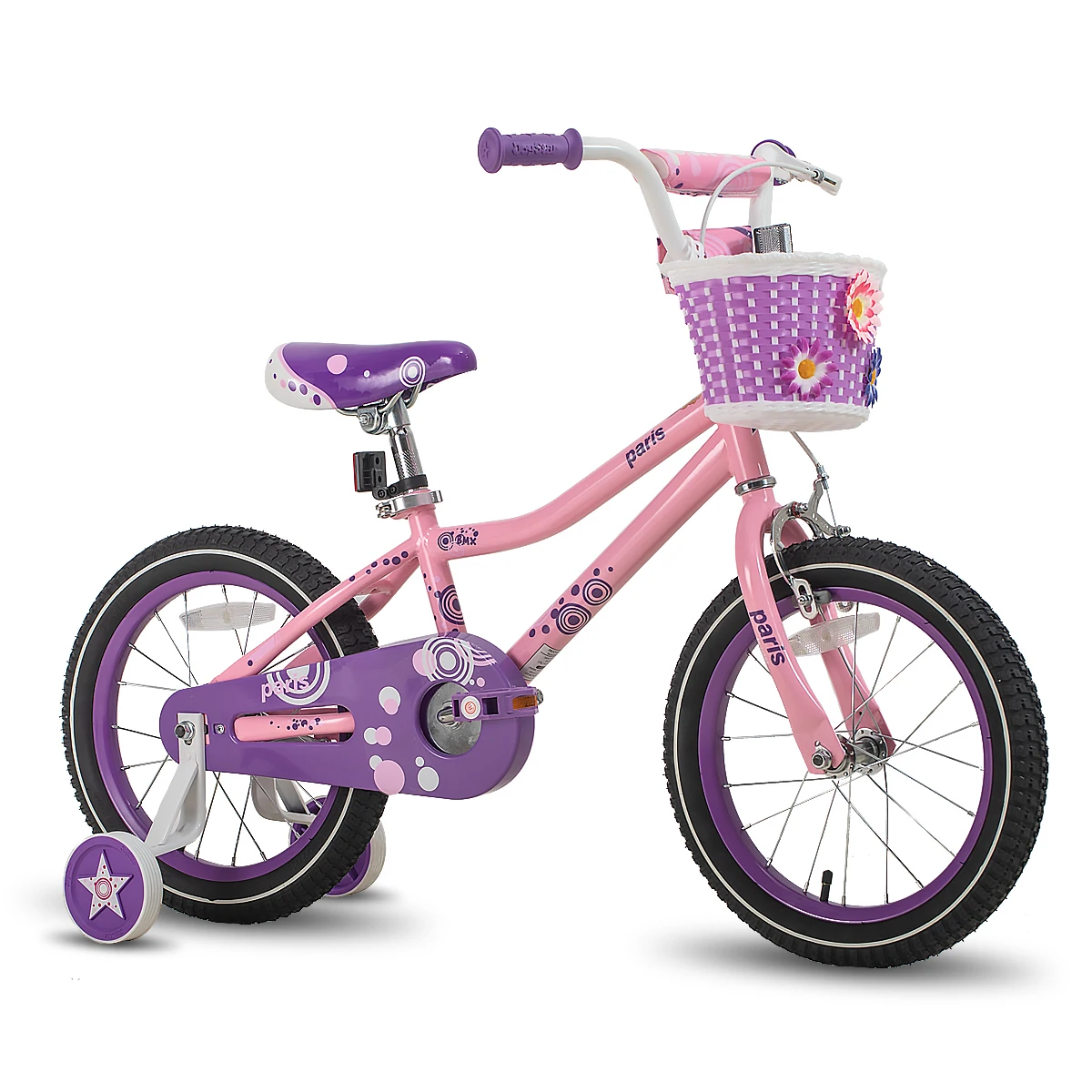 JOYSTAR Paris meisjesfiets voor kinderen van 3-8 jaar oud, 14 16 18 inch kinderfiets met zijwieltjes, mand en handrem, roze