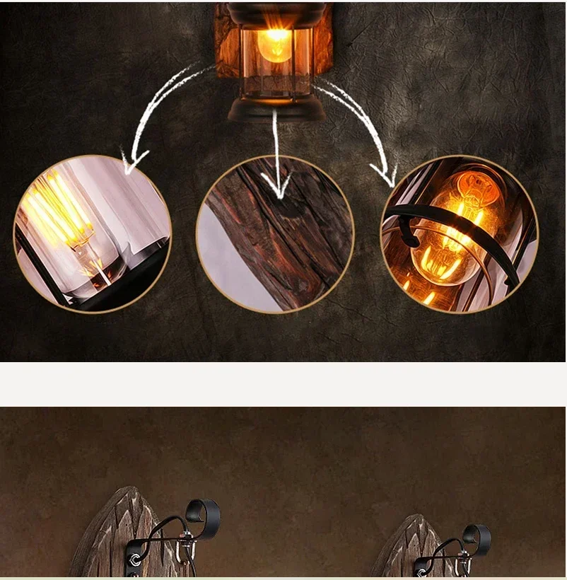 Wood Glass Restaurant Outdoor Wall Lamp Antique Loft Cafe Bar Sconces Vintage Industrial Retro  Sconce for Bedroom