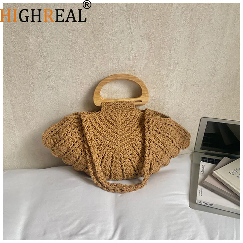 

Bohemian Rope Crochet Shoulder Bag Wooden Handle Women Handbags Handmade Woven Beach Bags for Women Knitting Clutch Tote Ladies