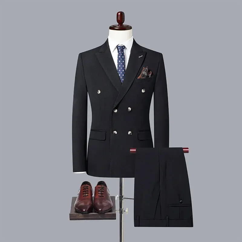 2023 Fashion New Men\'s Casual Boutique Double Breasted Solid Color Business Suit Jacket Trousers Pants 2 Pcs Set Blazers Coat