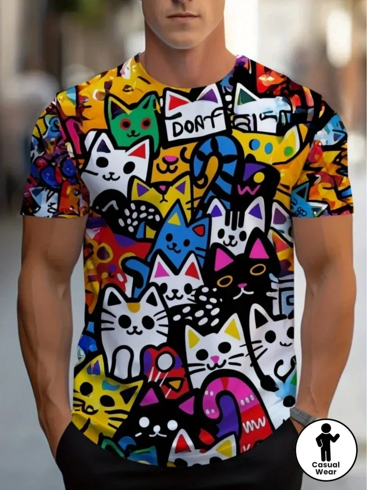 3D Graffiti Katzen-Print T-Shirt Sommer Lässiges Kurzarm-Trend-Streetstyle Herrenbekleidung Lustiges Cartoon-Grafik-T-Shirt Oberteil