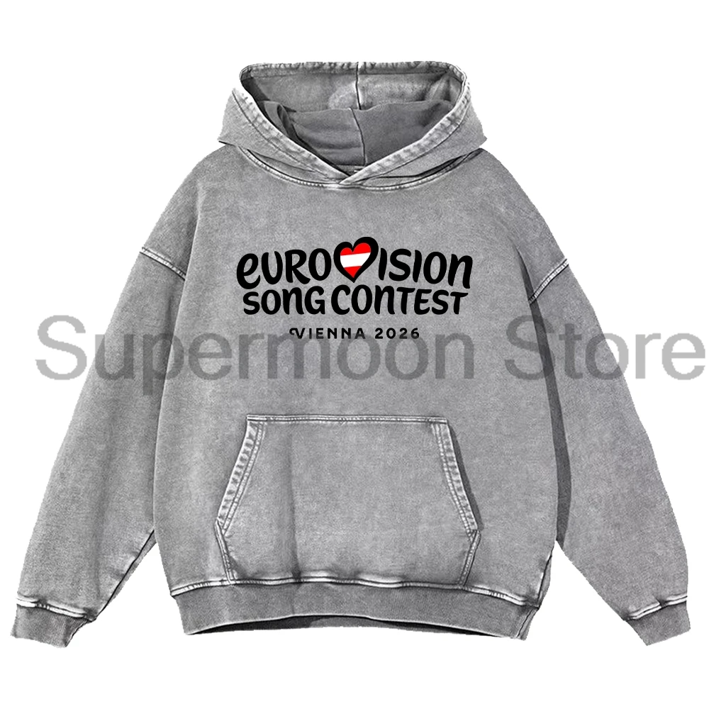 Eurovision Song Contest 2026 Vinenna Logo Acid Washed Hoodie Long Sleeve Women Men Heavyweight Cotton Hooded Sweatshirt
