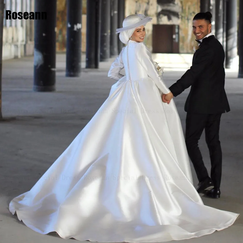 Muslim Exquisite 2024 New Design Ivory A-line Wedding Dresses Button Full Floor Length Bride Dress Brush Train robe de mariée