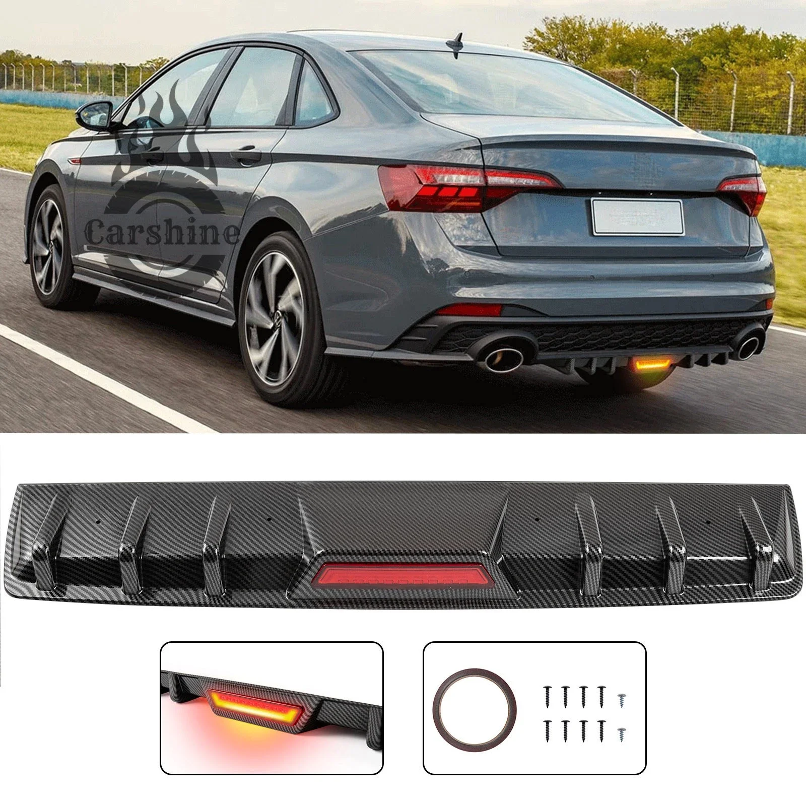 

Car Rear Bumper Diffuser w/LED Light Trim For Volkswagen Vento Carbon Fibe new