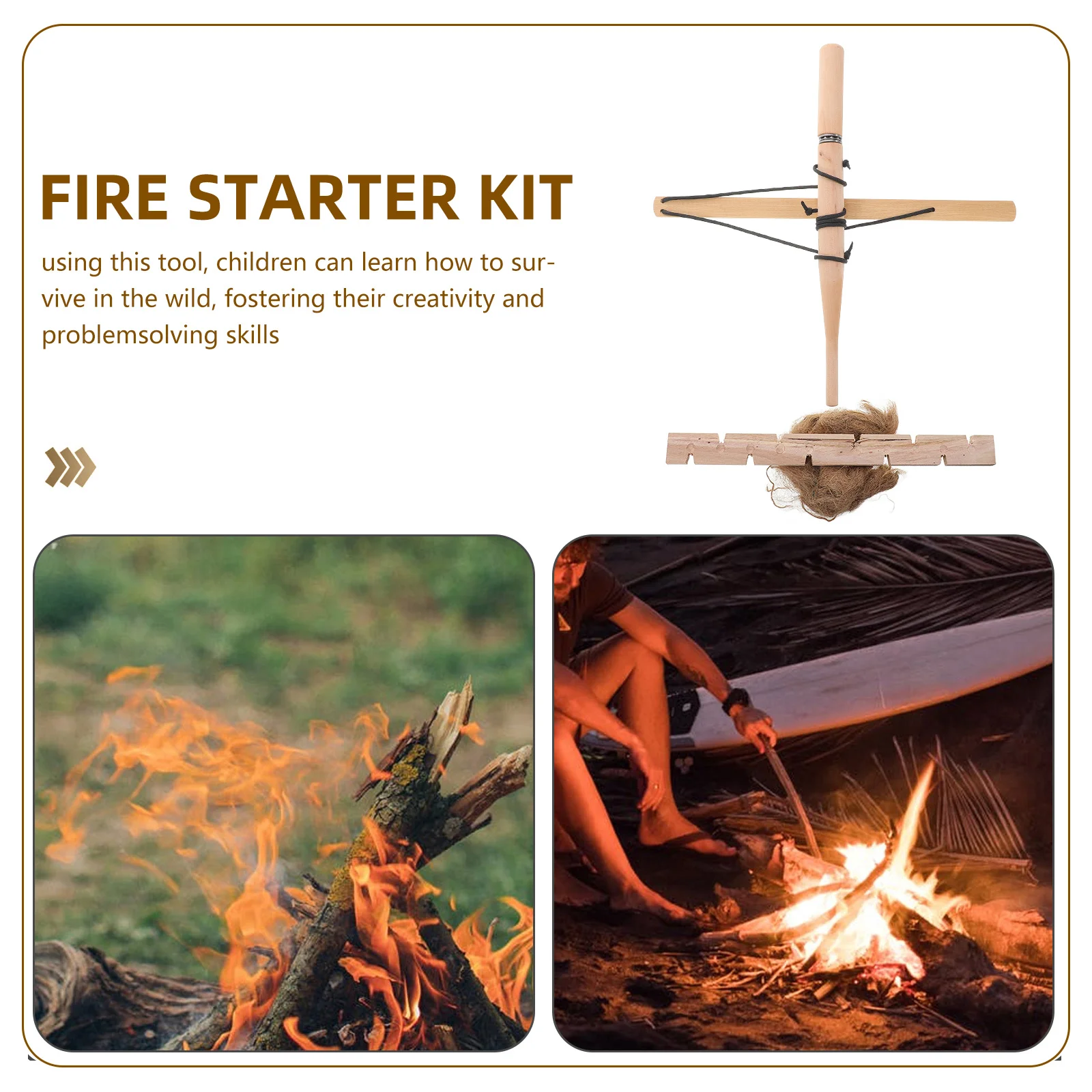 Bogenbohrer-Feuerstarter-Set für Kinder im Freien, reibungsbetrieben, primitive Feuerherstellung, pädagogisch