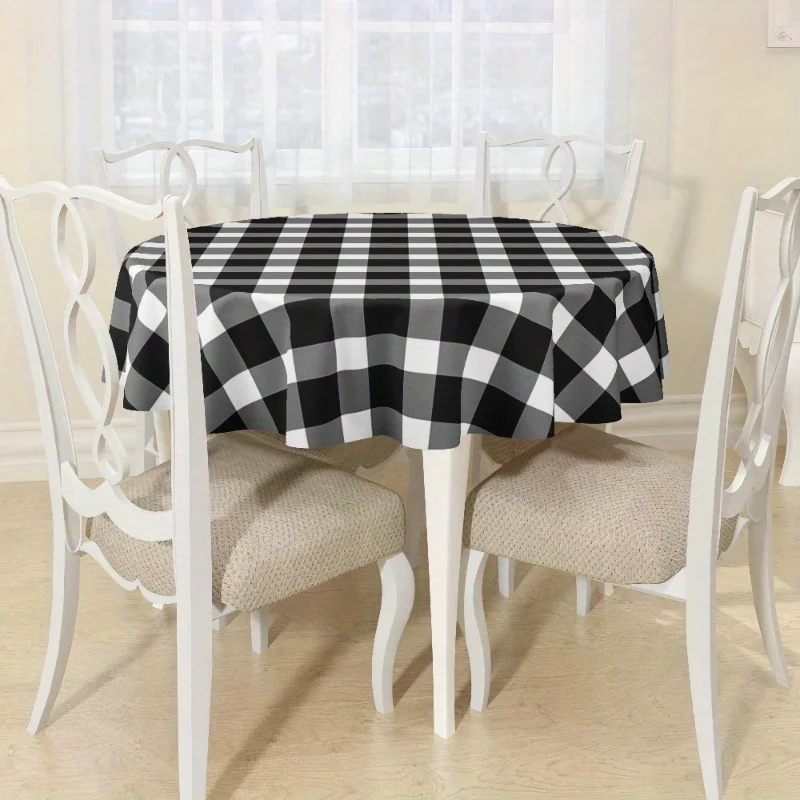 One round black and white checkered tablecloth - anti-wrinkle polyester fabric, 61x61 inches, suitable for the dining roomzyc