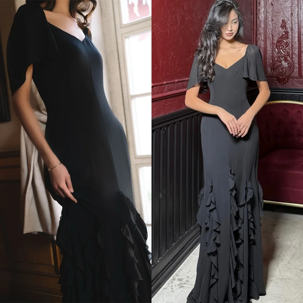 

Customized Classic Black Chiffon Evening Dress Exquisite Short Sleeves Celebrity Gowns Fashion Sweep Train Vestido De Festa