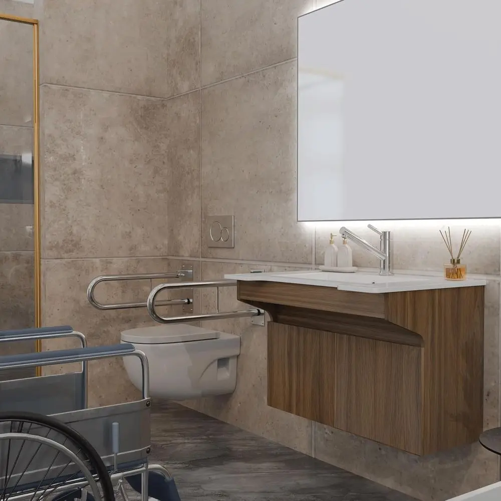 خزانة عائمة من الراتنج الحجري المتوافق مع ADA مع خزانة عائمة، ودعم يدوي حديث لكبار السن والمعاقين وكبار السن