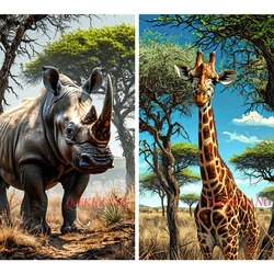 5D Diamond Painting African Animals Rhinoceros and Giraffe Picture Full Drills Diamond Rhinestone Mosaic Image Embroidery