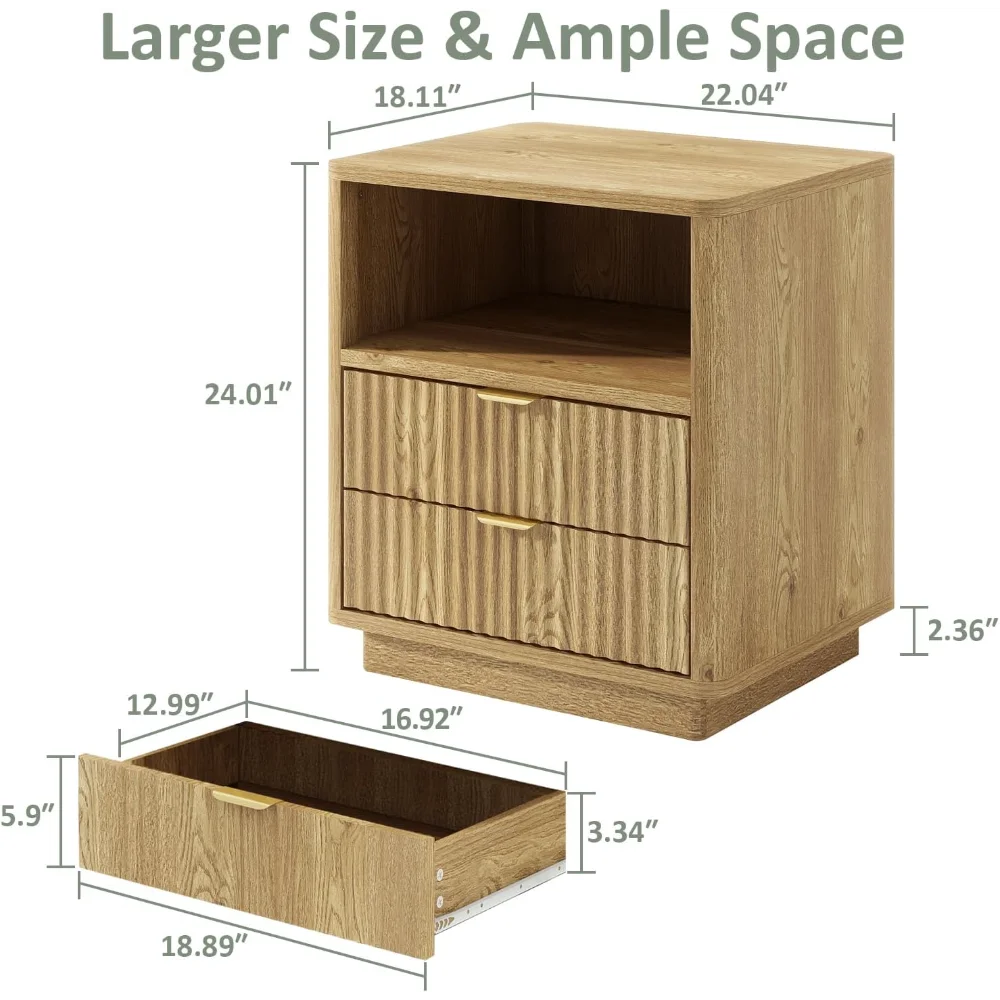 Set di 2 comodini scanalati, comodini marroni con 2 cassetti e ripiani aperti