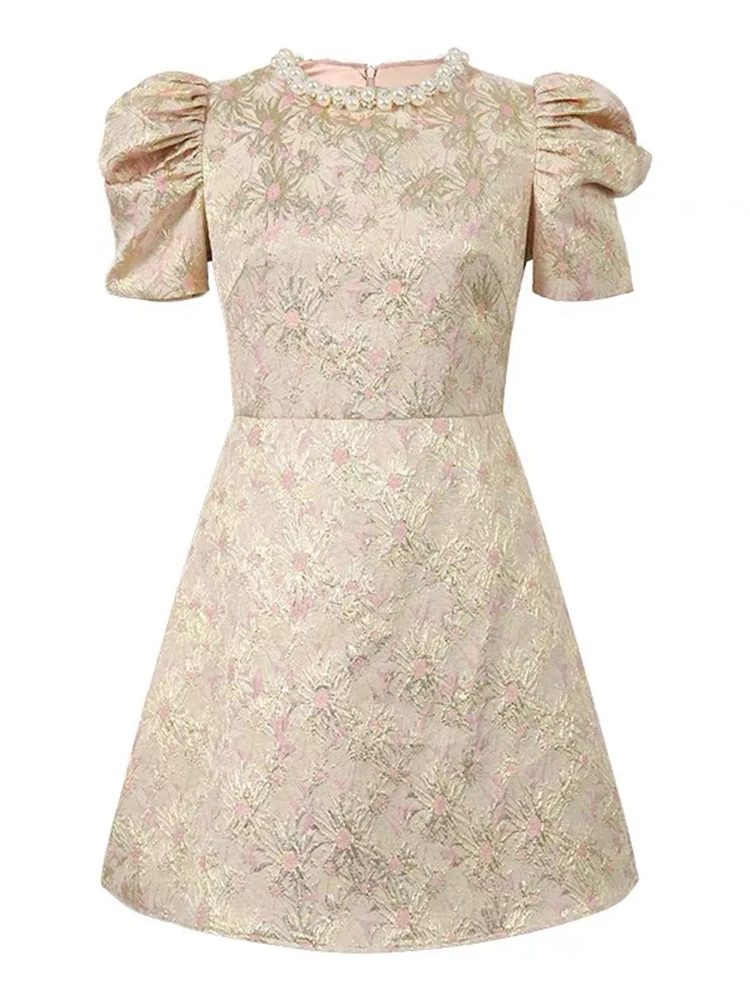 Fashion Sweet Short Dress Women Clothes Elegant Luxury Pearl O-Neck Slim Mini Gown Female Party Birthday Banquet Vestidos Fiesta
