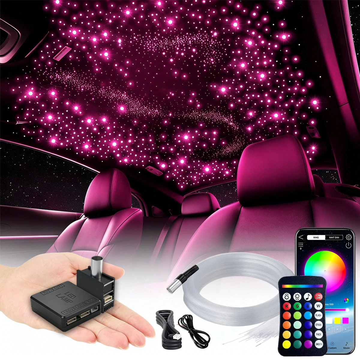 Kit de plafonnier VASTFIRE Split Starlight - 300-600 fibres optiques RGBW de 0,02 po (4,9 pi/6,5 pi) pour voiture avec 1/2 têtes lumineuses, moteur 5W, facile à dissimuler, câblage flexible, contrôle par APP/télécommande pour plafond de voiture