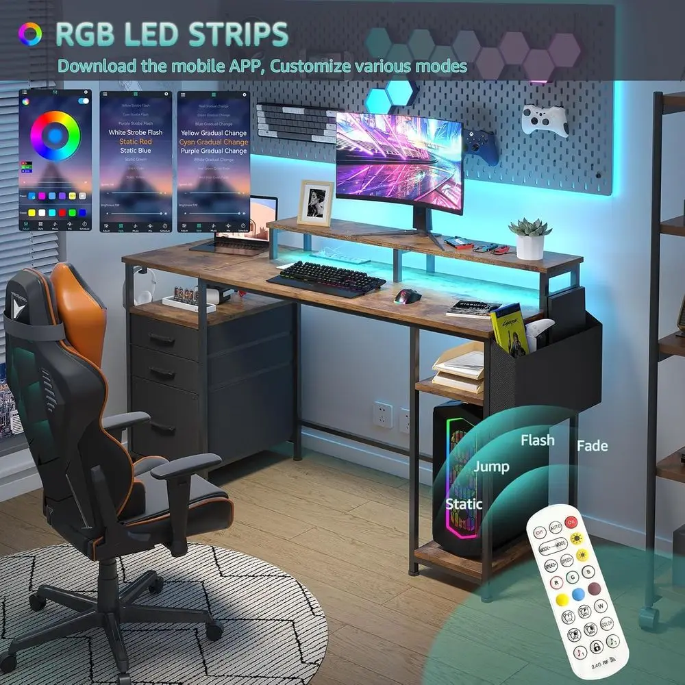 LED-lit 55 Computer Desk with Power Outlets, Fabric Drawers, and Monitor Stand for Home Office in Rustic Brown