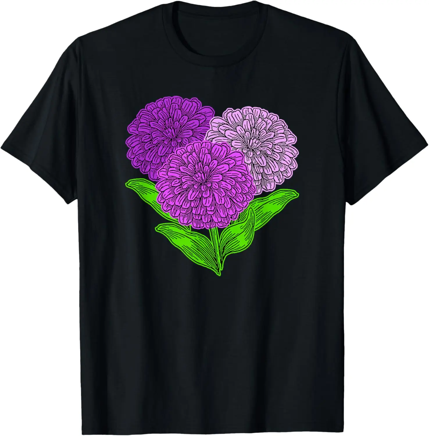 Camiseta botánica y florista con flor morada y flor de lavanda Zinnia