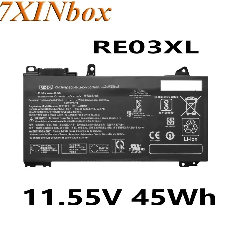 7XINbox RE03XL 11.55V 45Wh Laptop Battery for HP ProBook 430 440 445 450 G6 zhan66 13 G2 HSTNN-DB9A HSTNN-OB1C HSTNN-UB7R