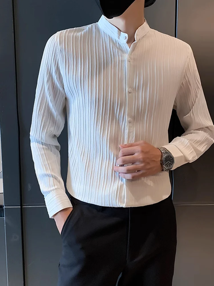 

Slim Fit Stripe irt Men's Stand Collar Casual Top Trendy Brand No Collar Men's Casual irt Summer Long Sve Cotton Polye...